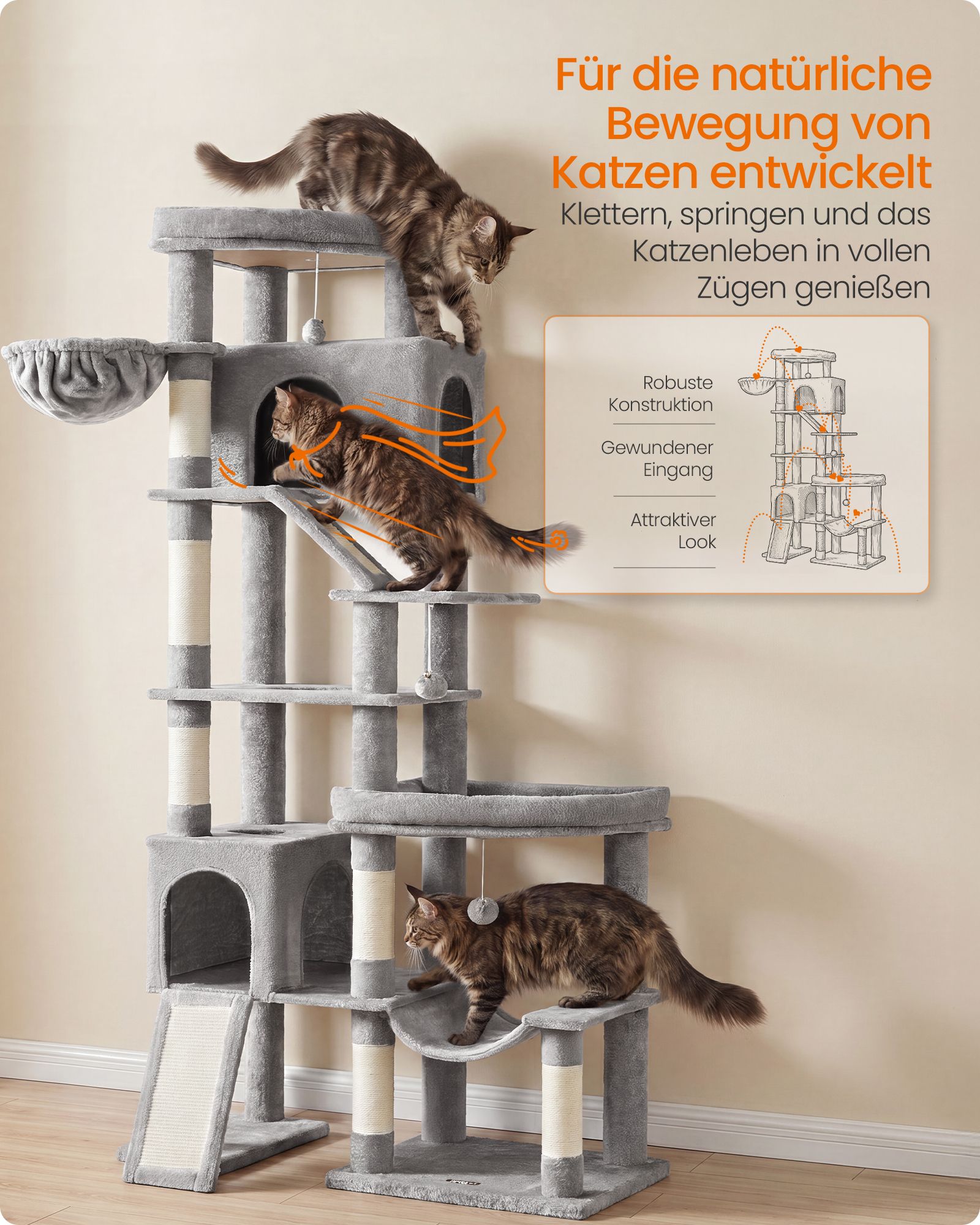 Large cat tree with six resting areas and sisal posts in dove grey