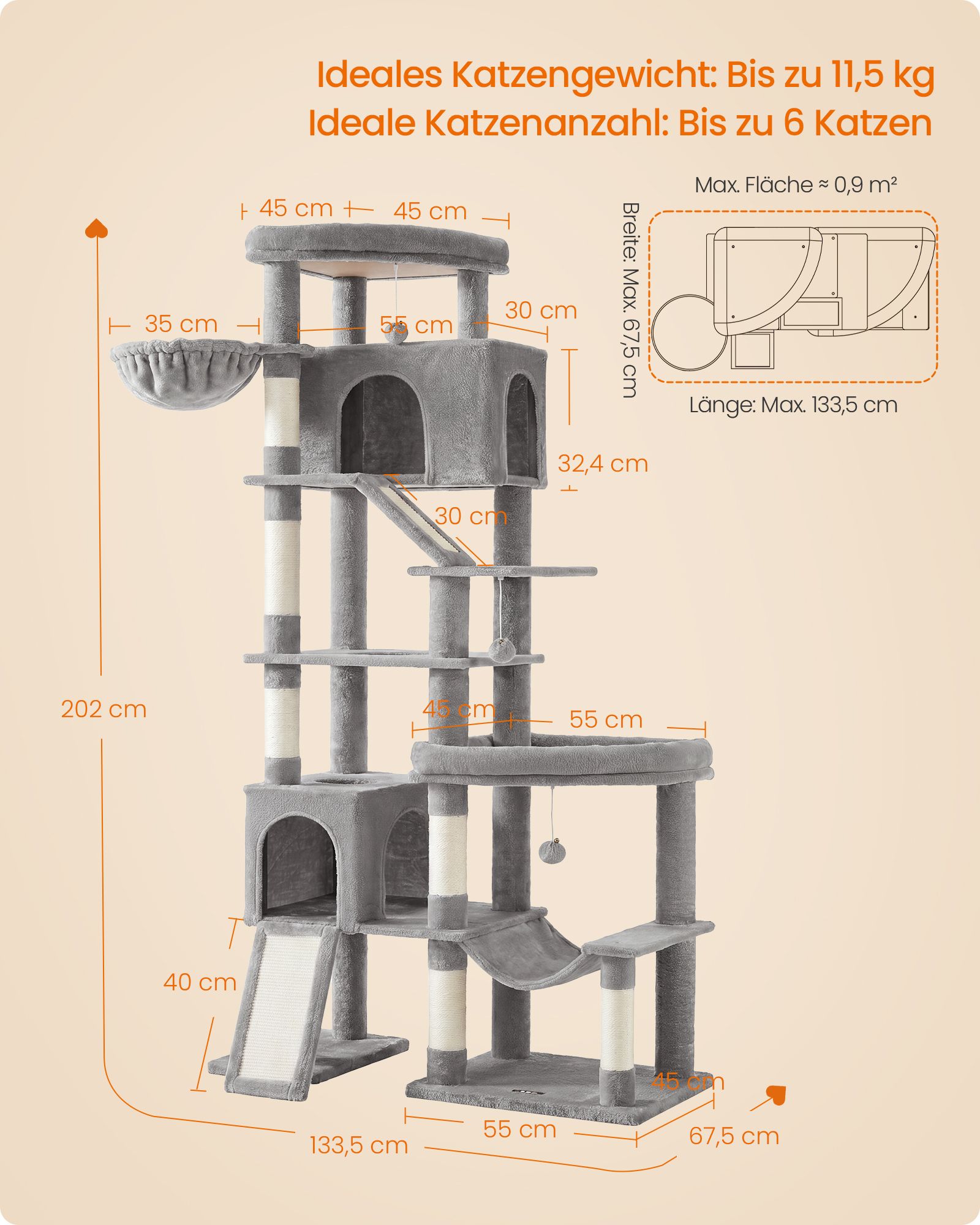 Large cat tree with six resting areas and sisal posts in dove grey