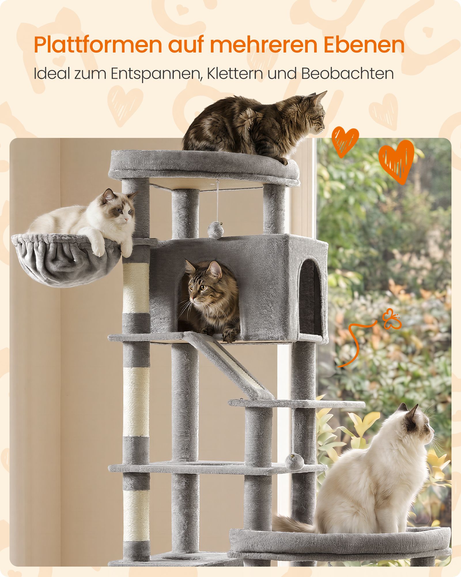 Large cat tree with six resting areas and sisal posts in dove grey