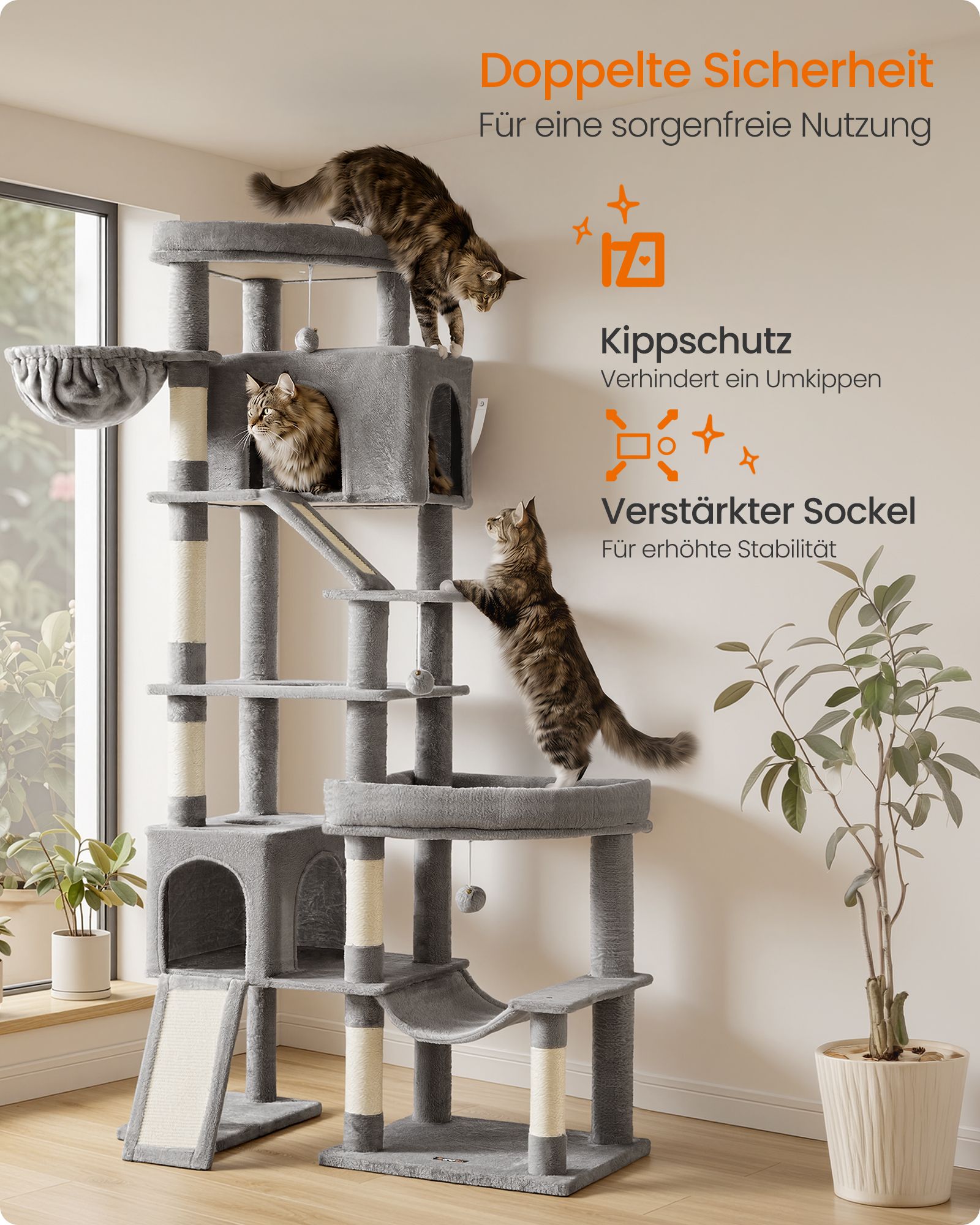 Large cat tree with six resting areas and sisal posts in dove grey