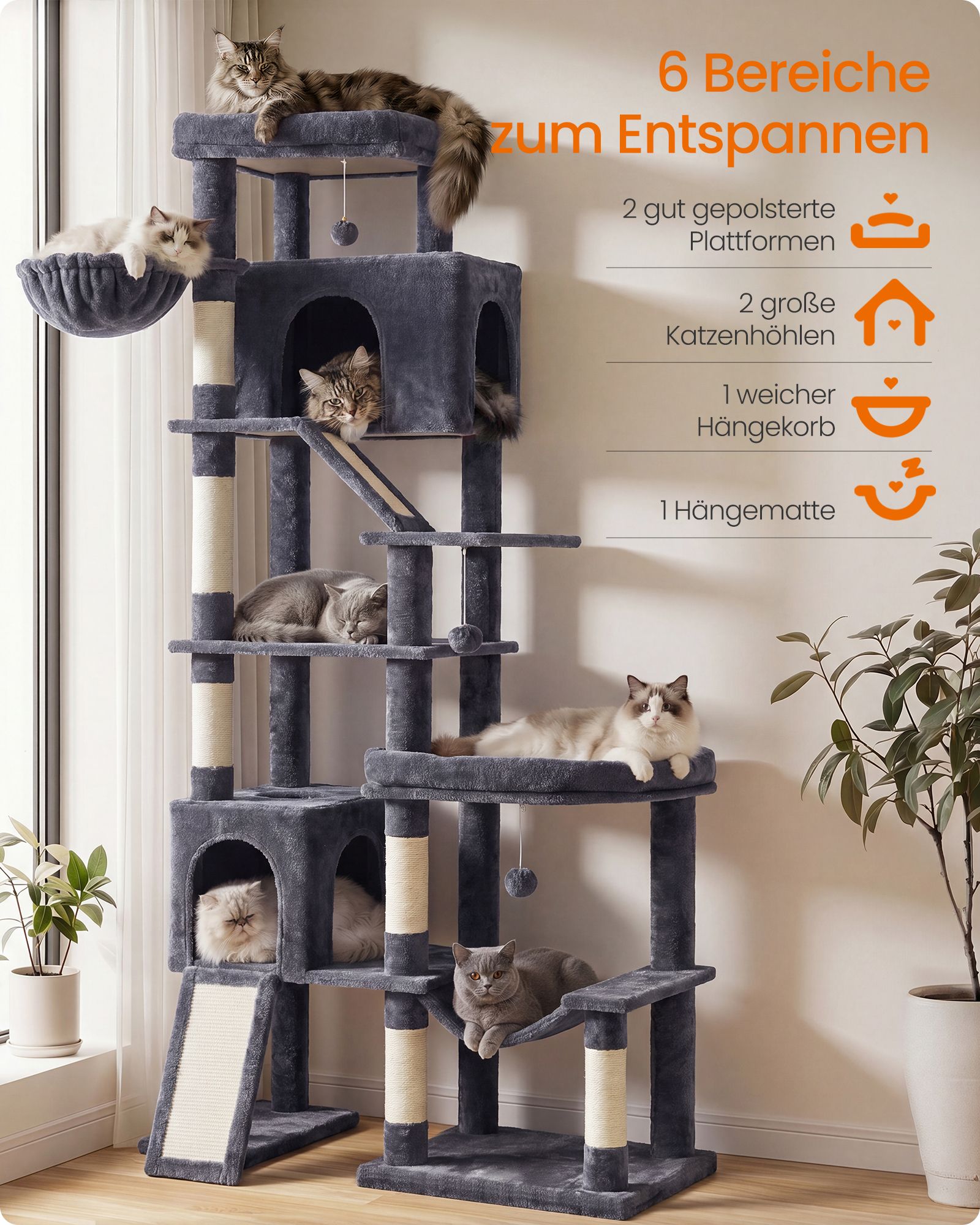 XXL scratching post with 6 resting areas, dark grey