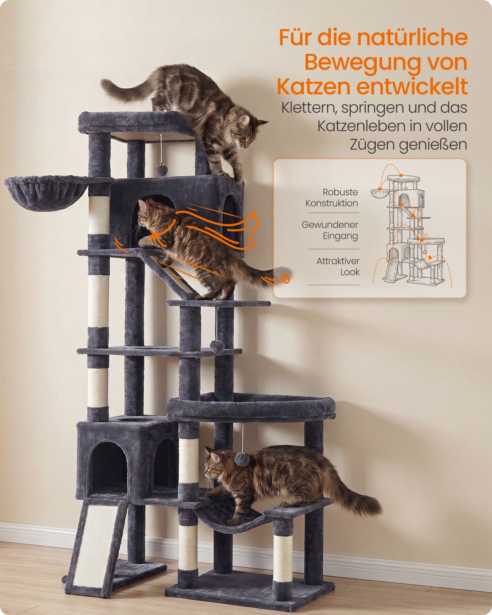 XXL scratching post with 6 resting areas, dark grey
