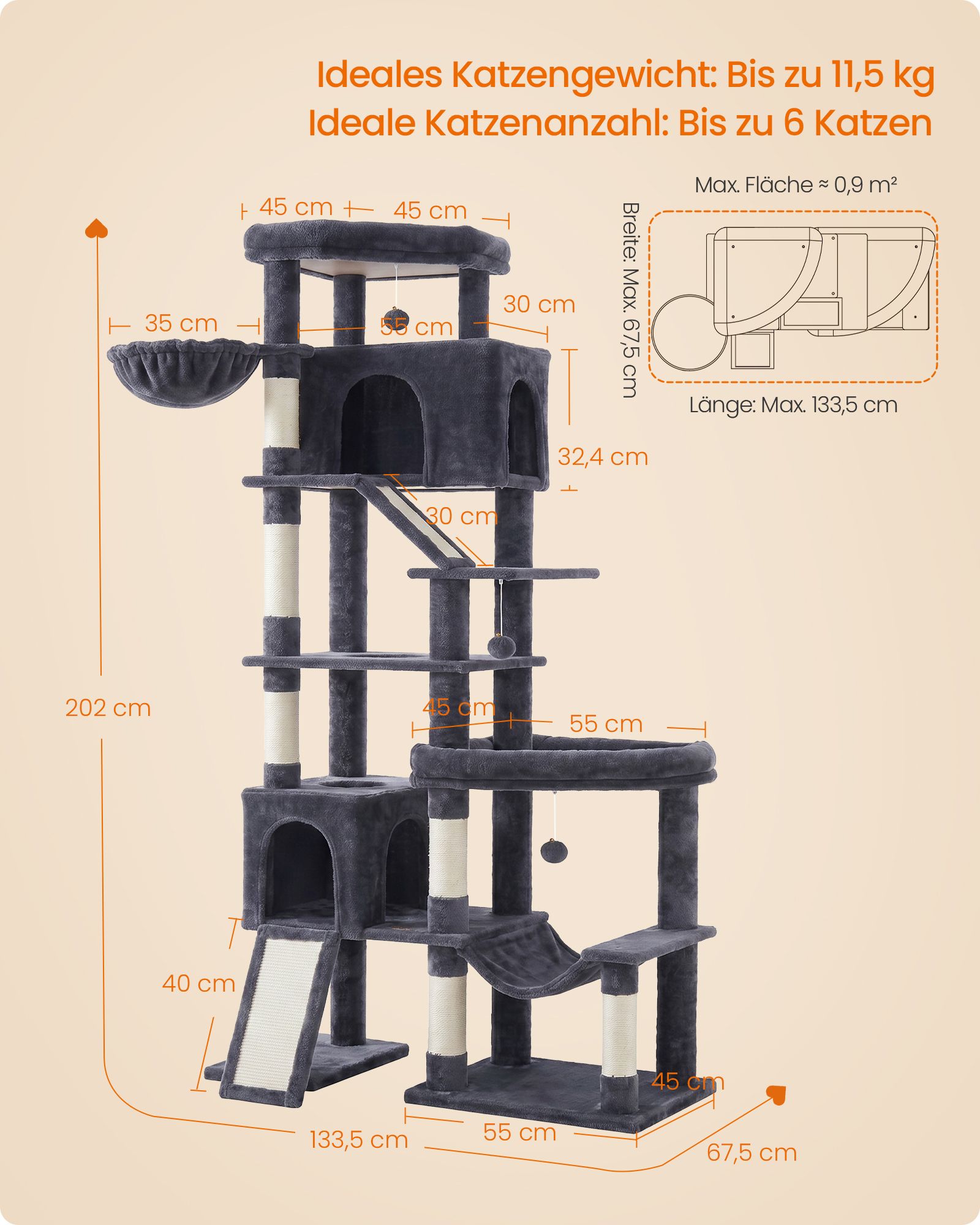 XXL scratching post with 6 resting areas, dark grey