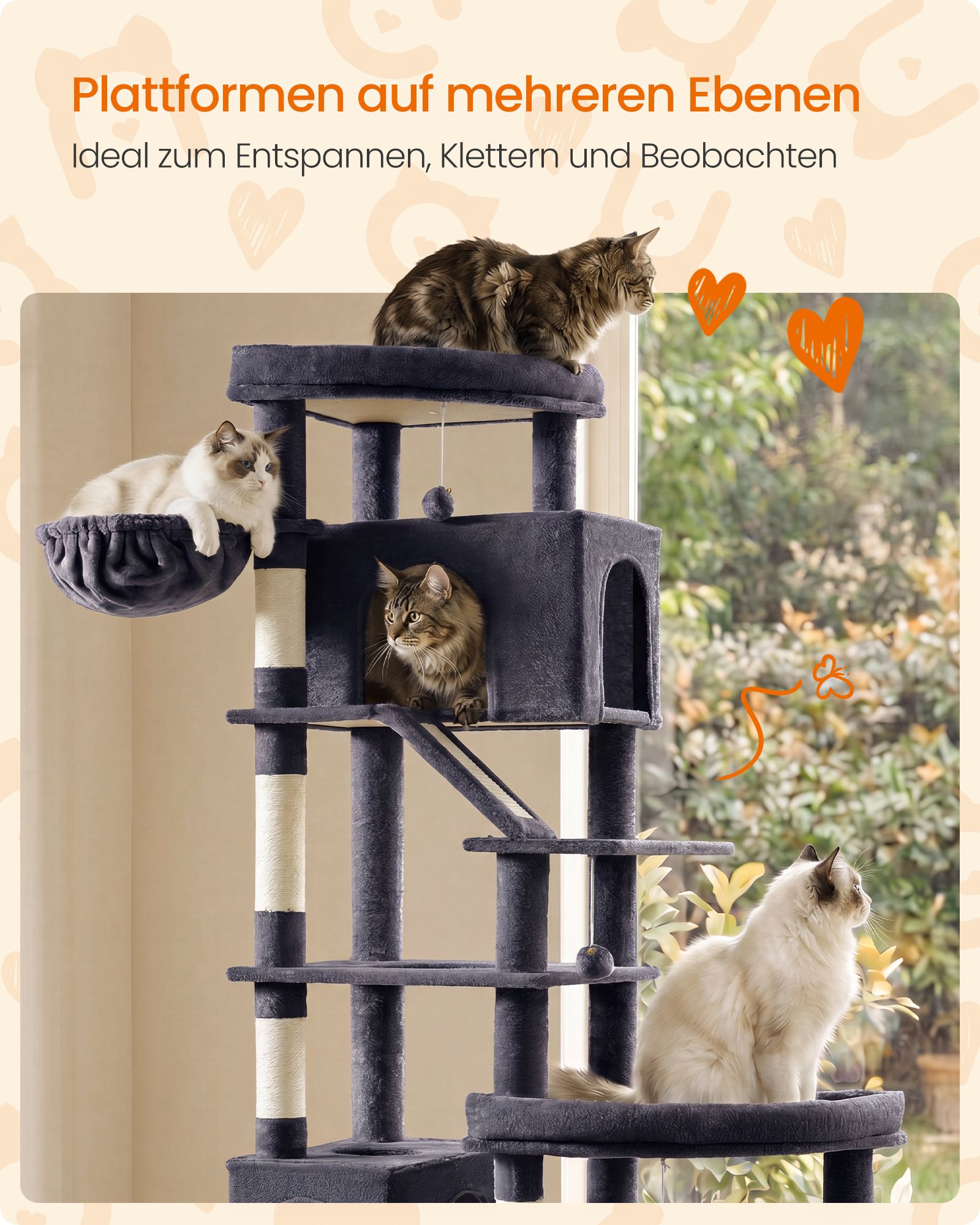 XXL scratching post with 6 resting areas, dark grey