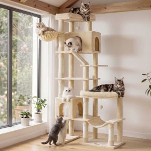 Large beige cat tree with 6 resting areas and sisal posts