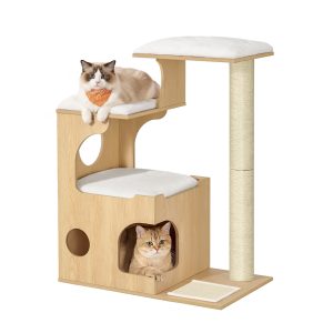 Cat tree 88 cm, almond yellow, with cave and sisal mat