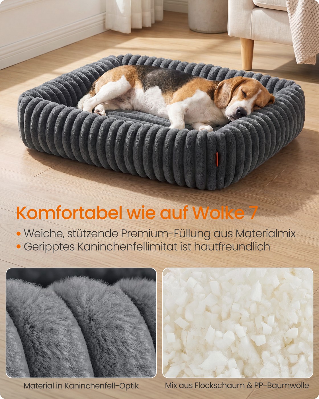 Lead-grey dog bed, 91 x 68 x 20 cm, orthopaedic, washable