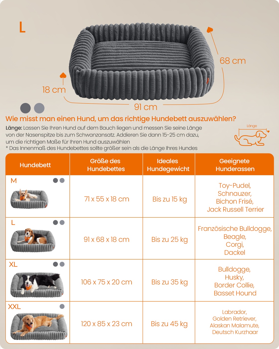 Lead-grey dog bed, 91 x 68 x 20 cm, orthopaedic, washable