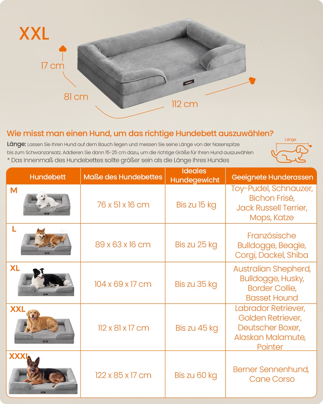 Orthopaedic dog bed, grey, 112 x 81 x 17 cm, removable cover