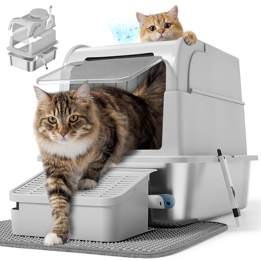 Silver-grey stainless steel cat litter tray with lid and accessories