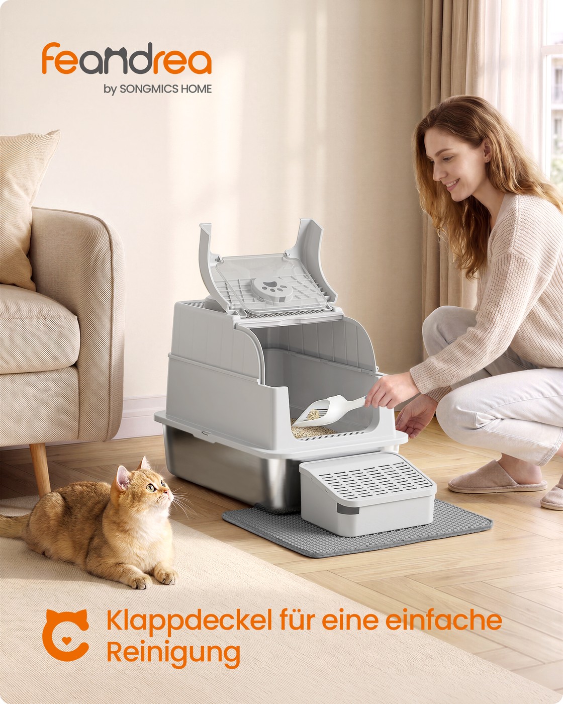 Silver-grey stainless steel cat litter tray with lid and accessories - Image 2