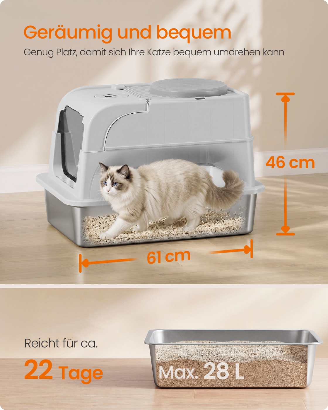 Silver-grey stainless steel cat litter tray with lid and accessories
