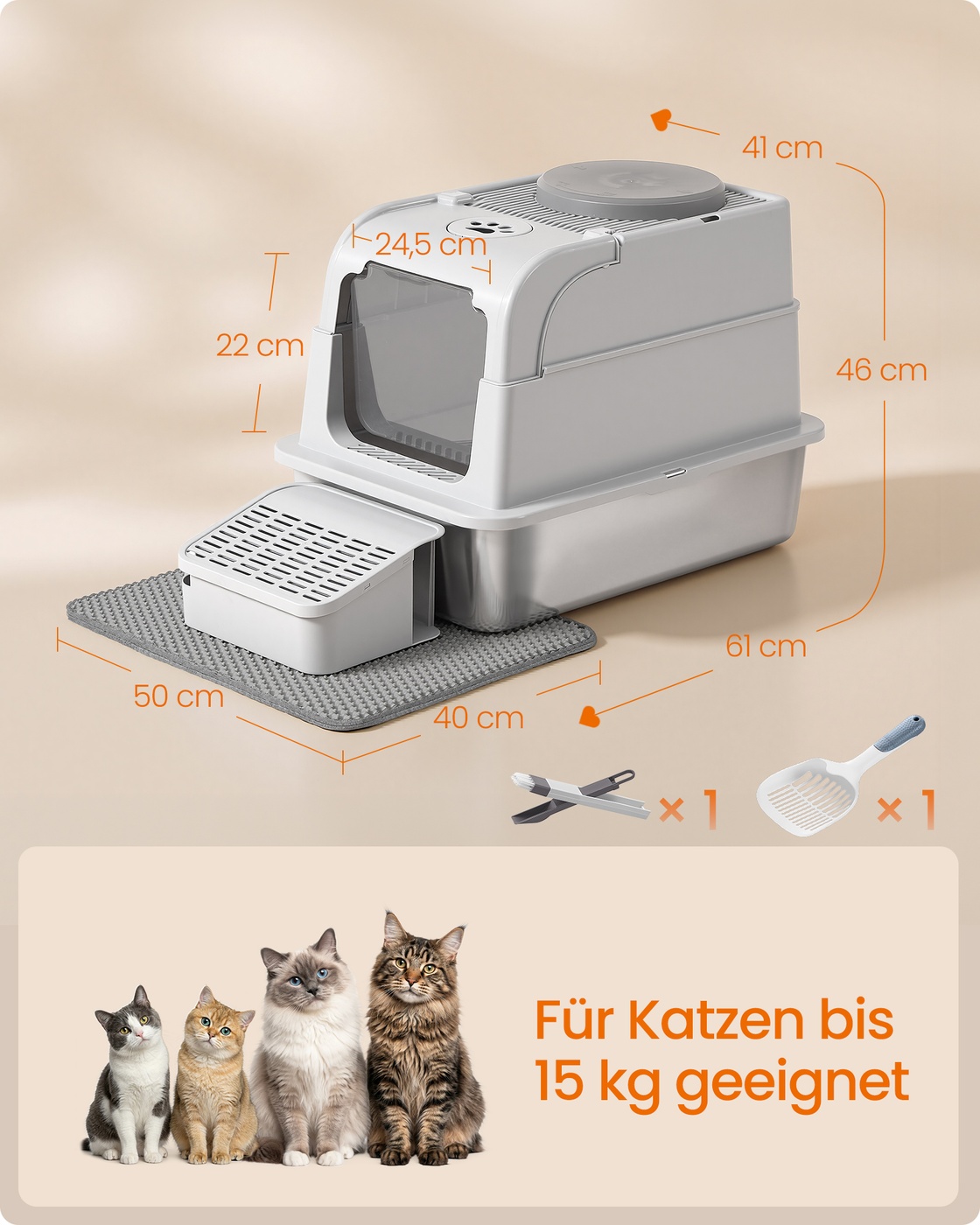 Silver-grey stainless steel cat litter tray with lid and accessories