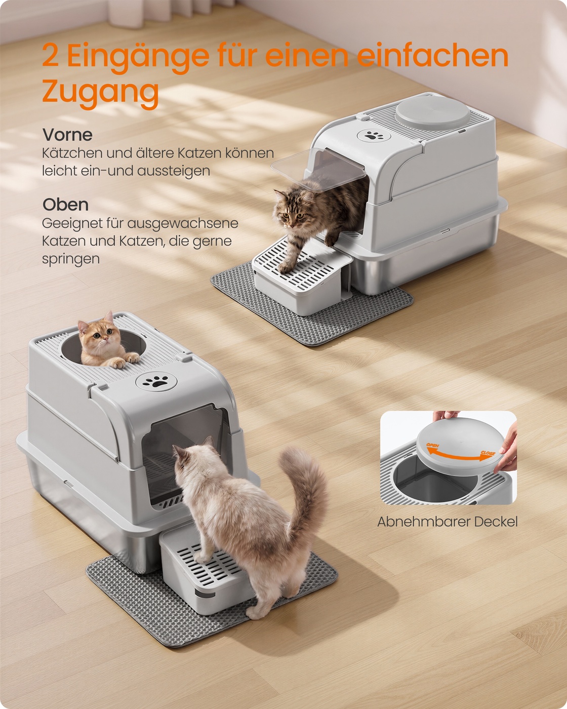 Silver-grey stainless steel cat litter tray with lid and accessories