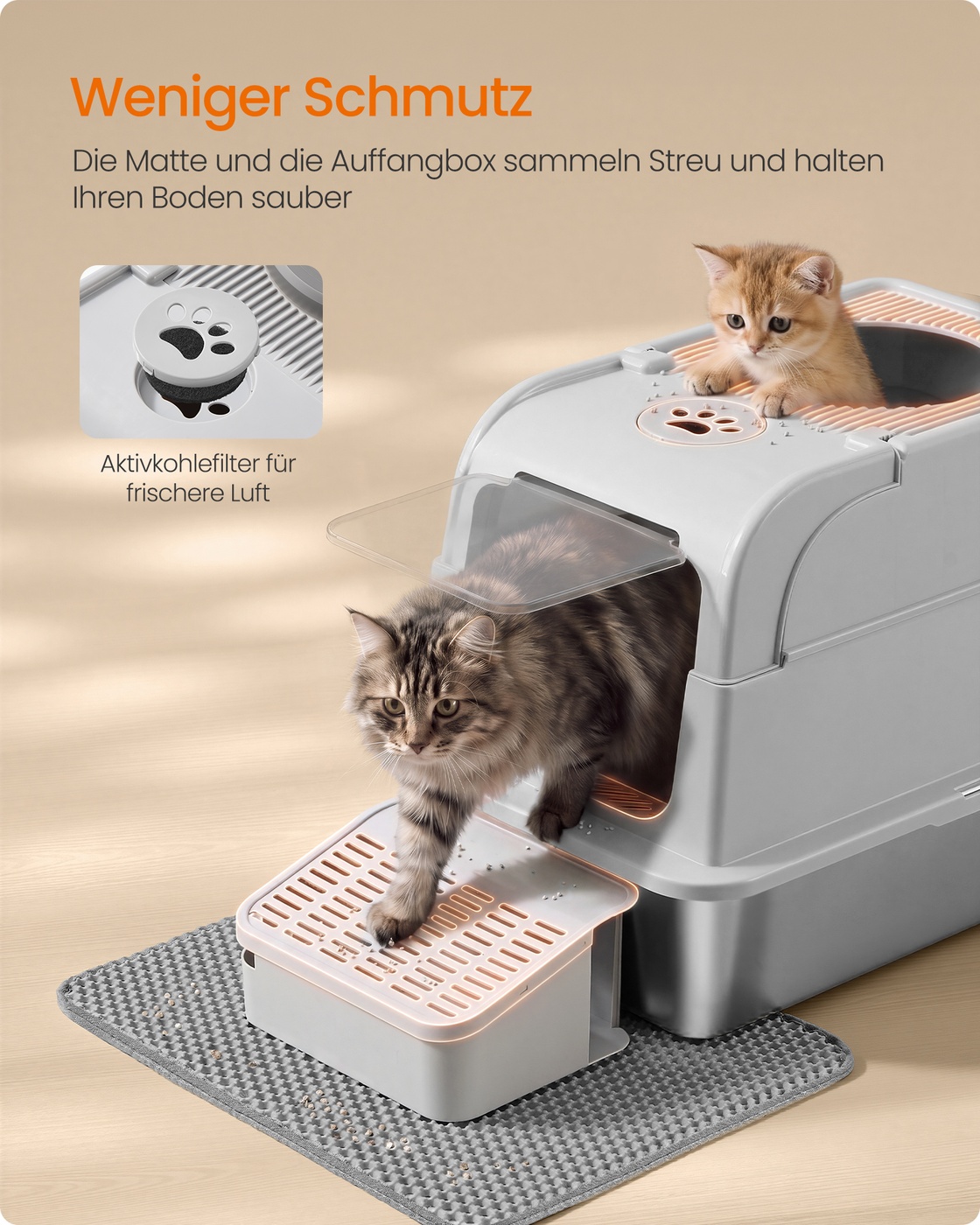 Silver-grey stainless steel cat litter tray with lid and accessories