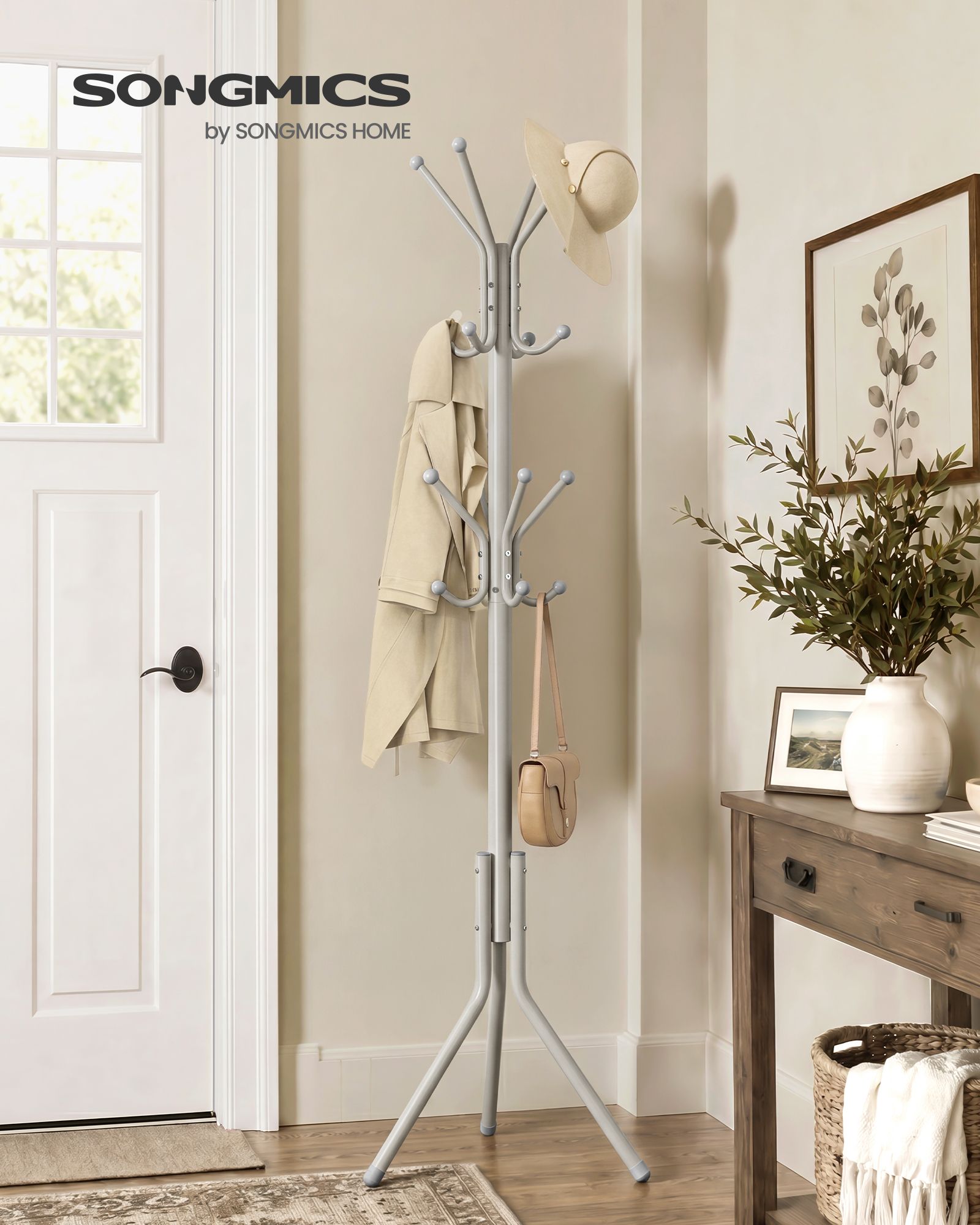 Beige metal coat rack with 16 hooks