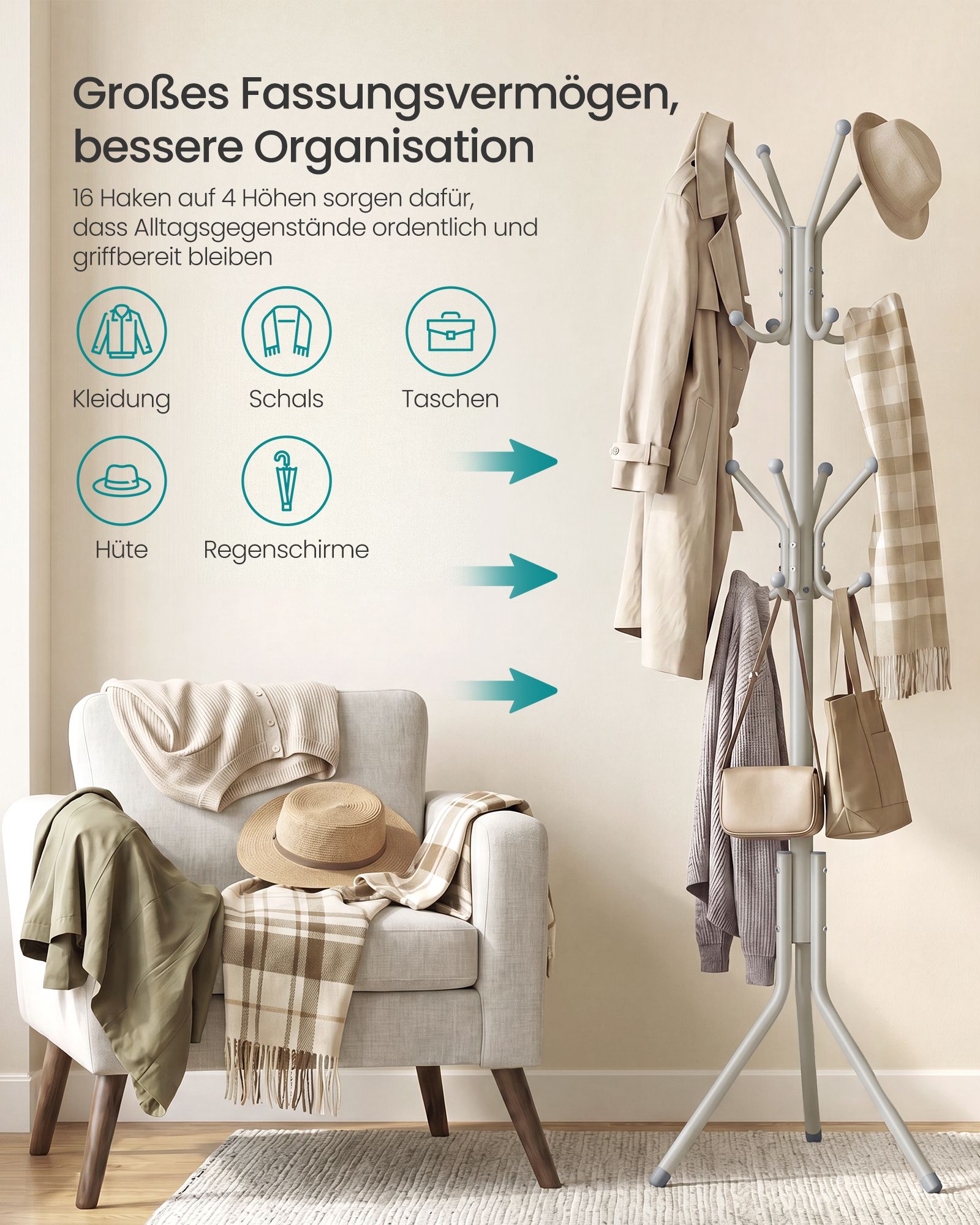 Beige metal coat rack with 16 hooks