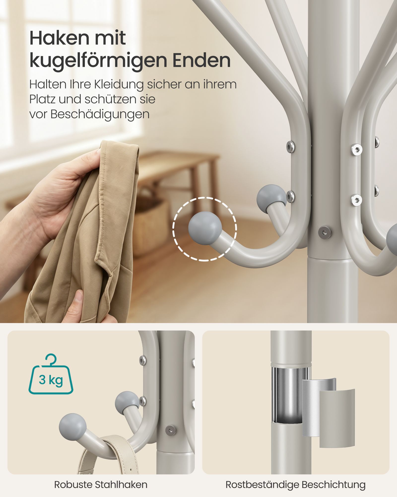 Beige metal coat rack with 16 hooks