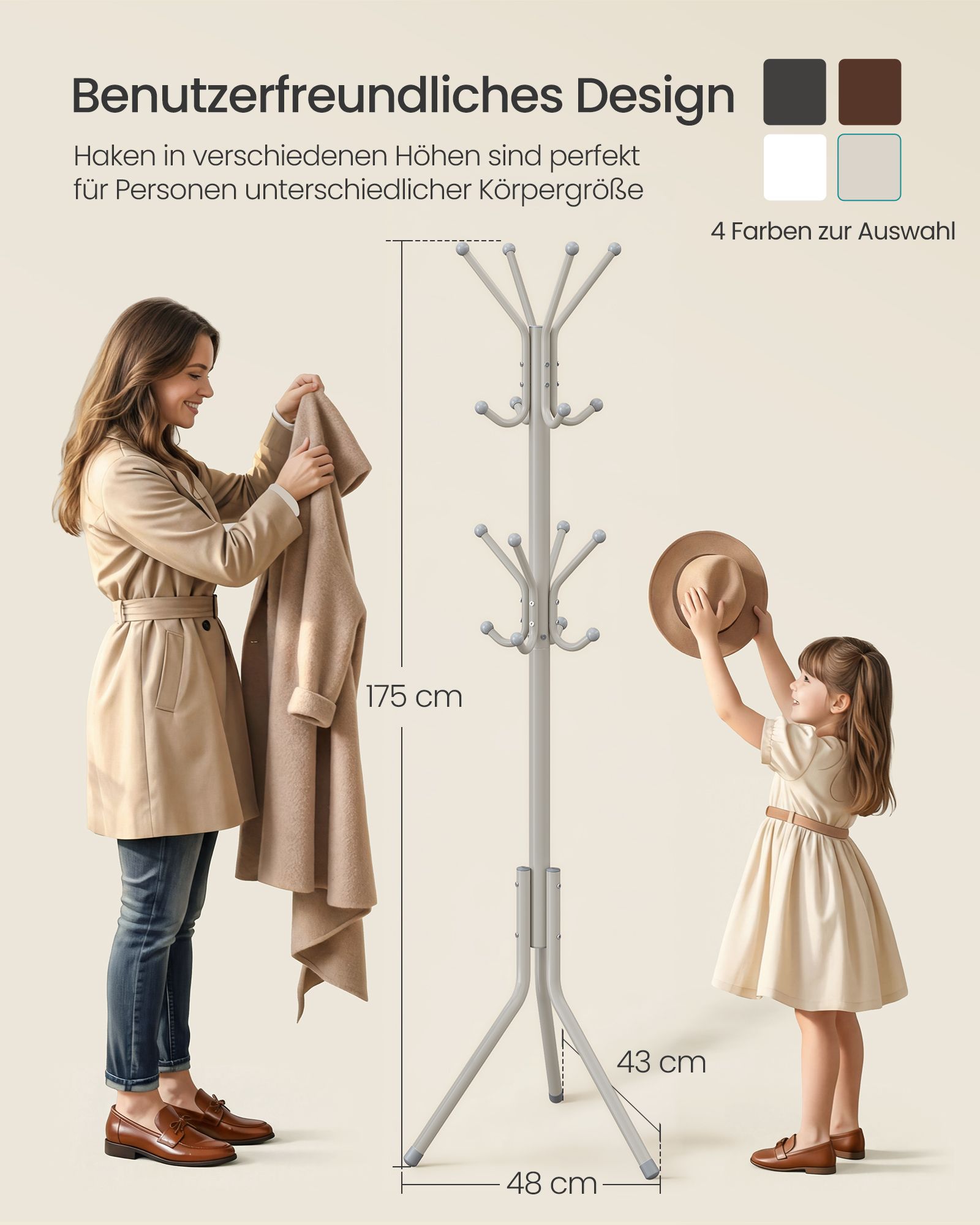 Beige metal coat rack with 16 hooks