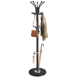 Coat rack with umbrella stand and 18 hooks, 38 x 38 x 178 cm, ink black