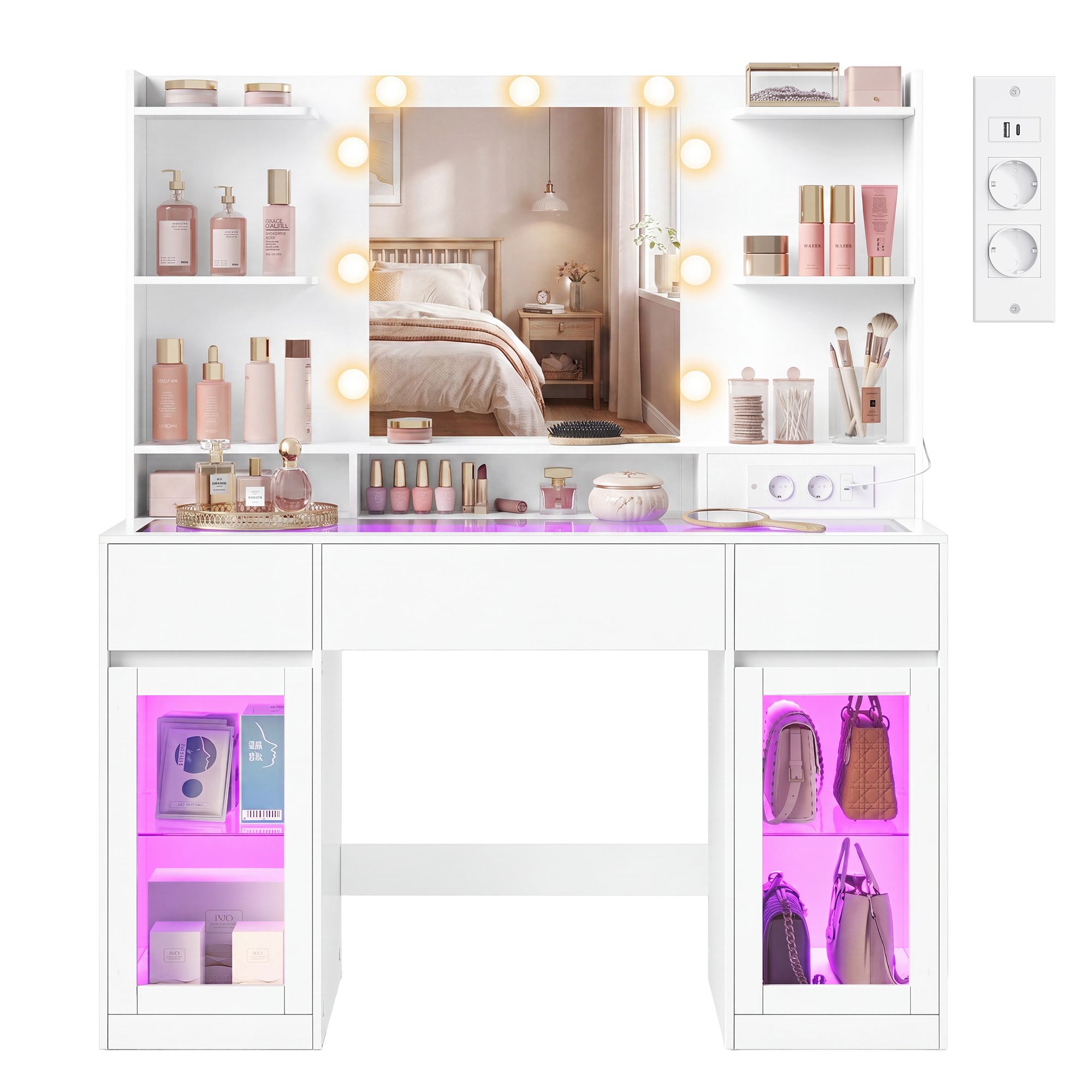 Dressing table with mirror, RGB lighting, socket and 2 cupboards