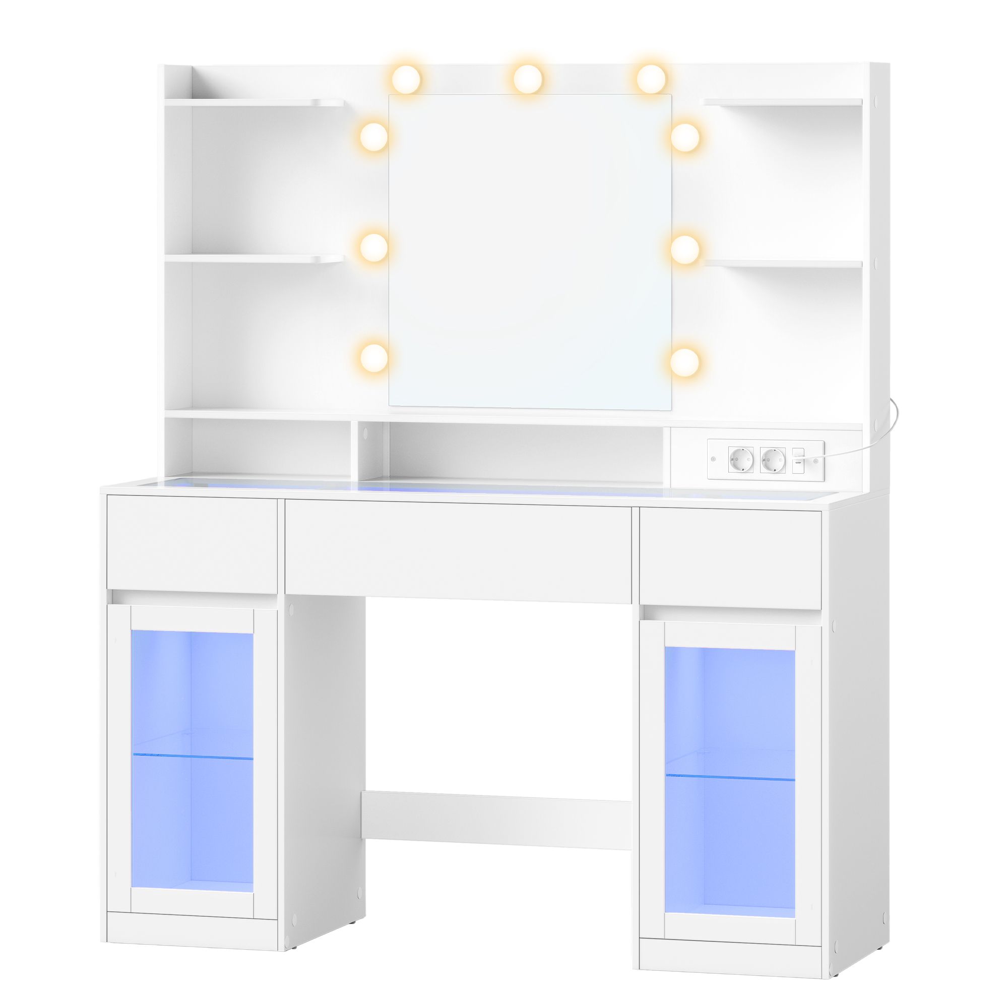 Dressing table with mirror, RGB lighting, socket and 2 cupboards