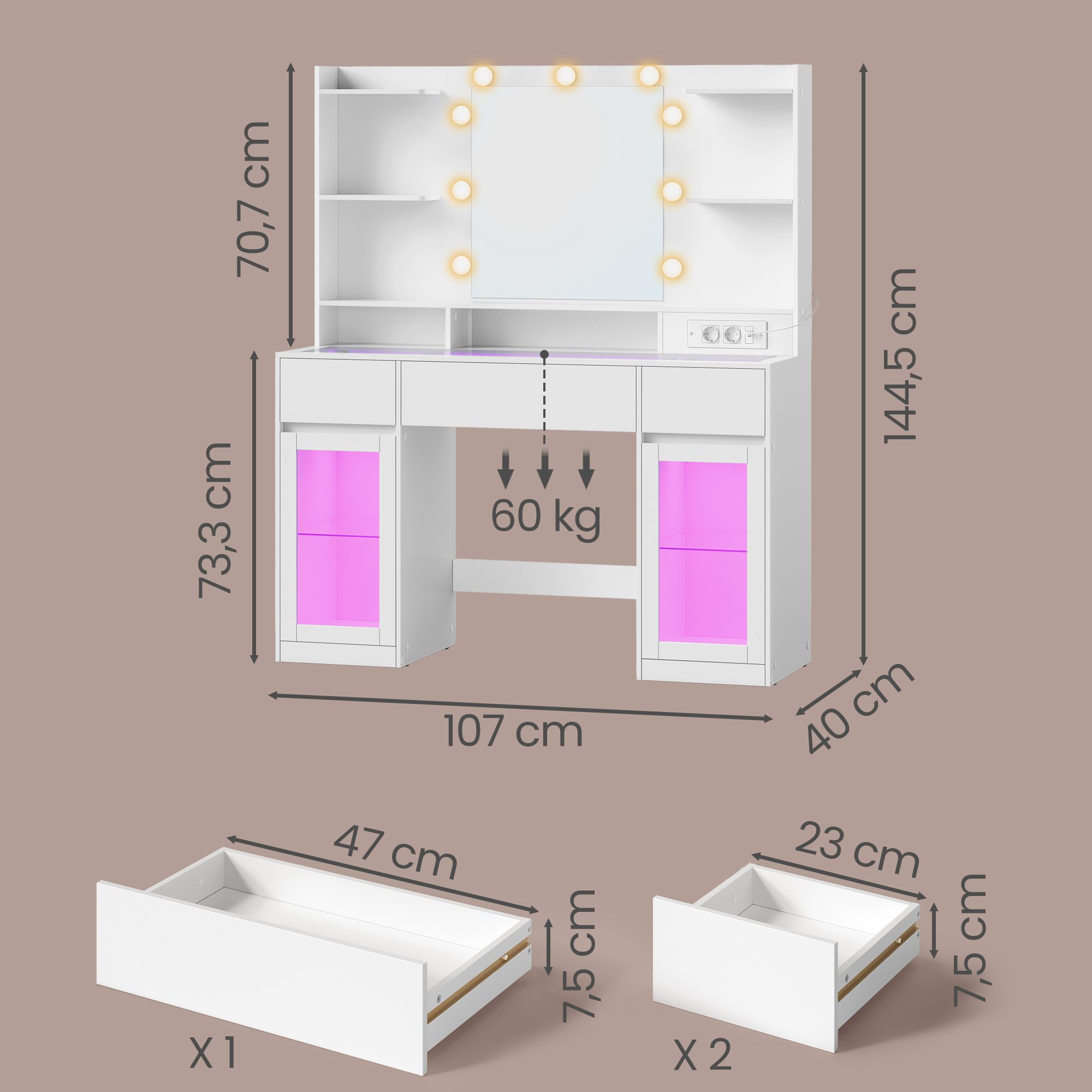 Dressing table with mirror, RGB lighting, socket and 2 cupboards