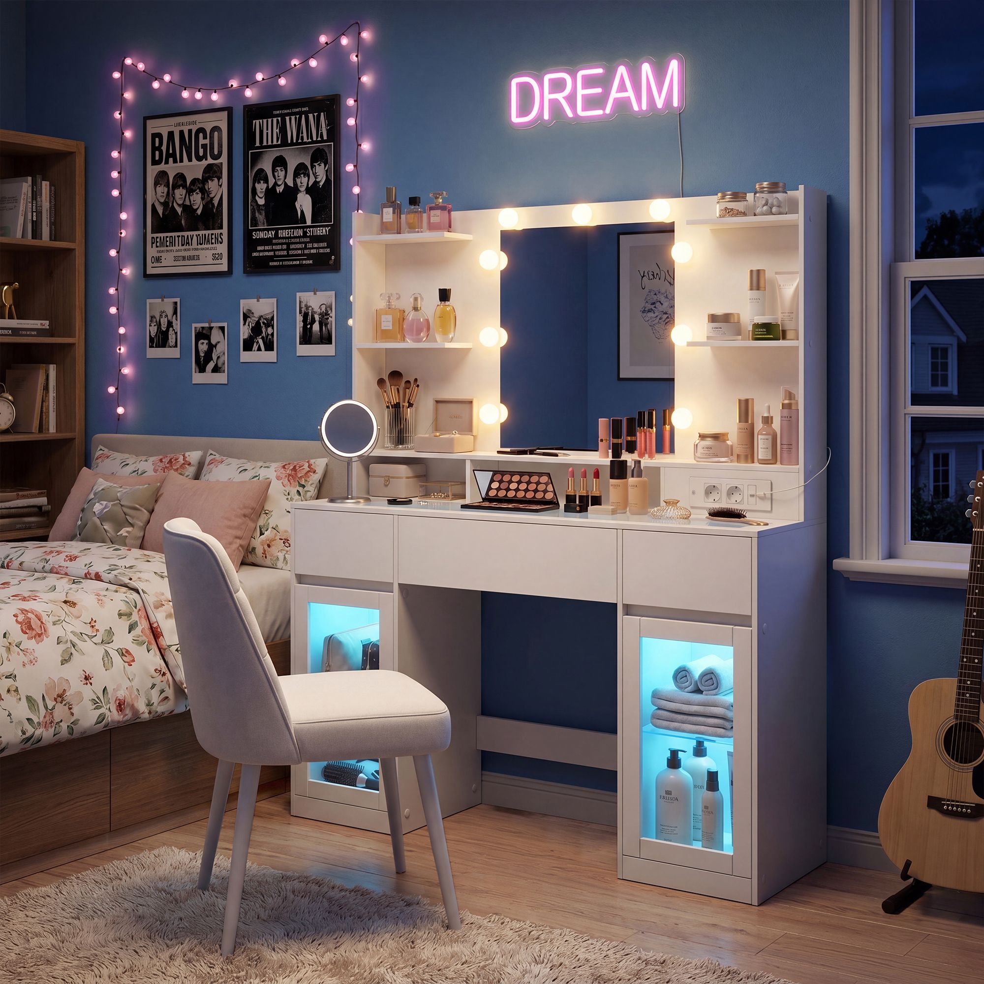 Dressing table with mirror, RGB lighting, socket and 2 cupboards