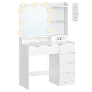 Dressing table with mirror, LED lighting, socket and 5 drawers, 80 x 40 x 144.3 cm, white