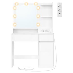 Make-up chest of drawers with mirror, lighting, charging station and 2 drawers, white