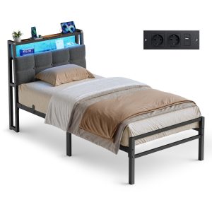 Metal bed, matt black, 90 x 200 cm, with storage space and LED lighting