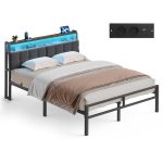 Matt black metal bed, 140 x 200 cm, with storage and LED lighting