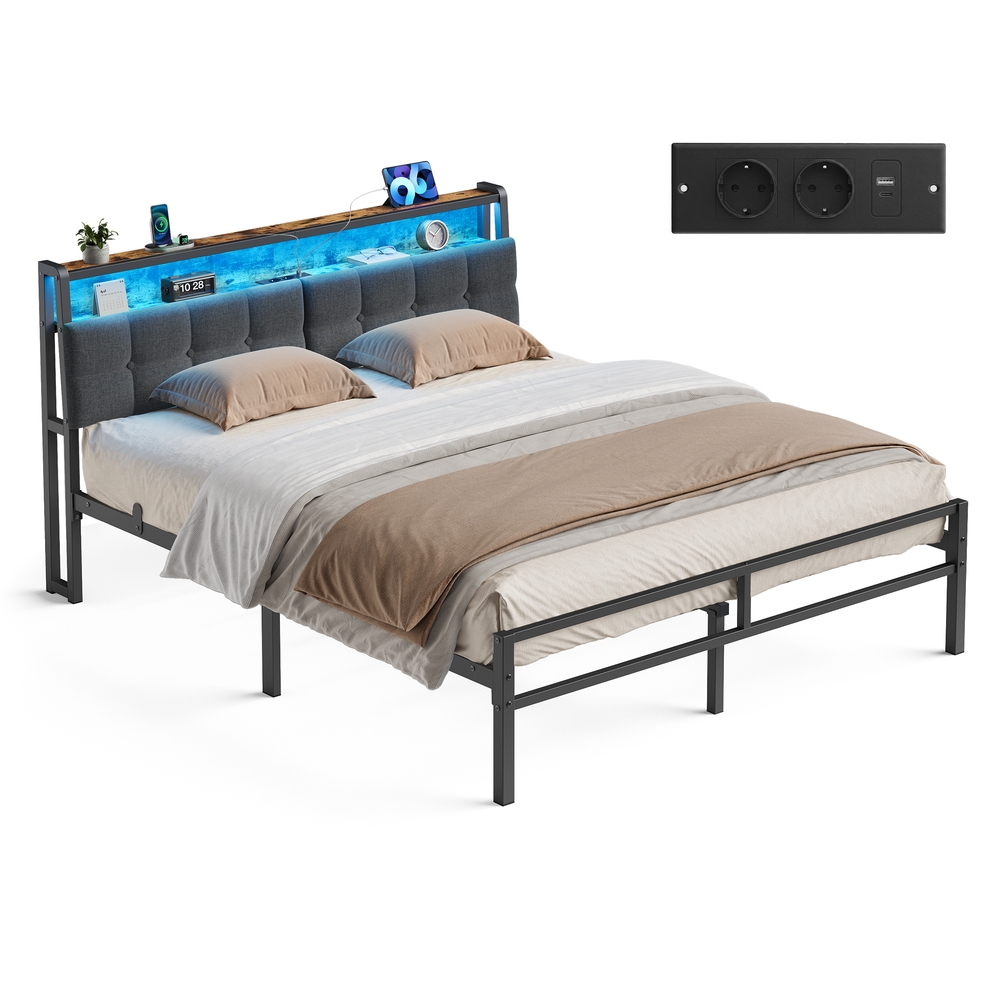 Metal bed 160 x 200 cm, bed frame with headboard, bed with storage and LED lighting