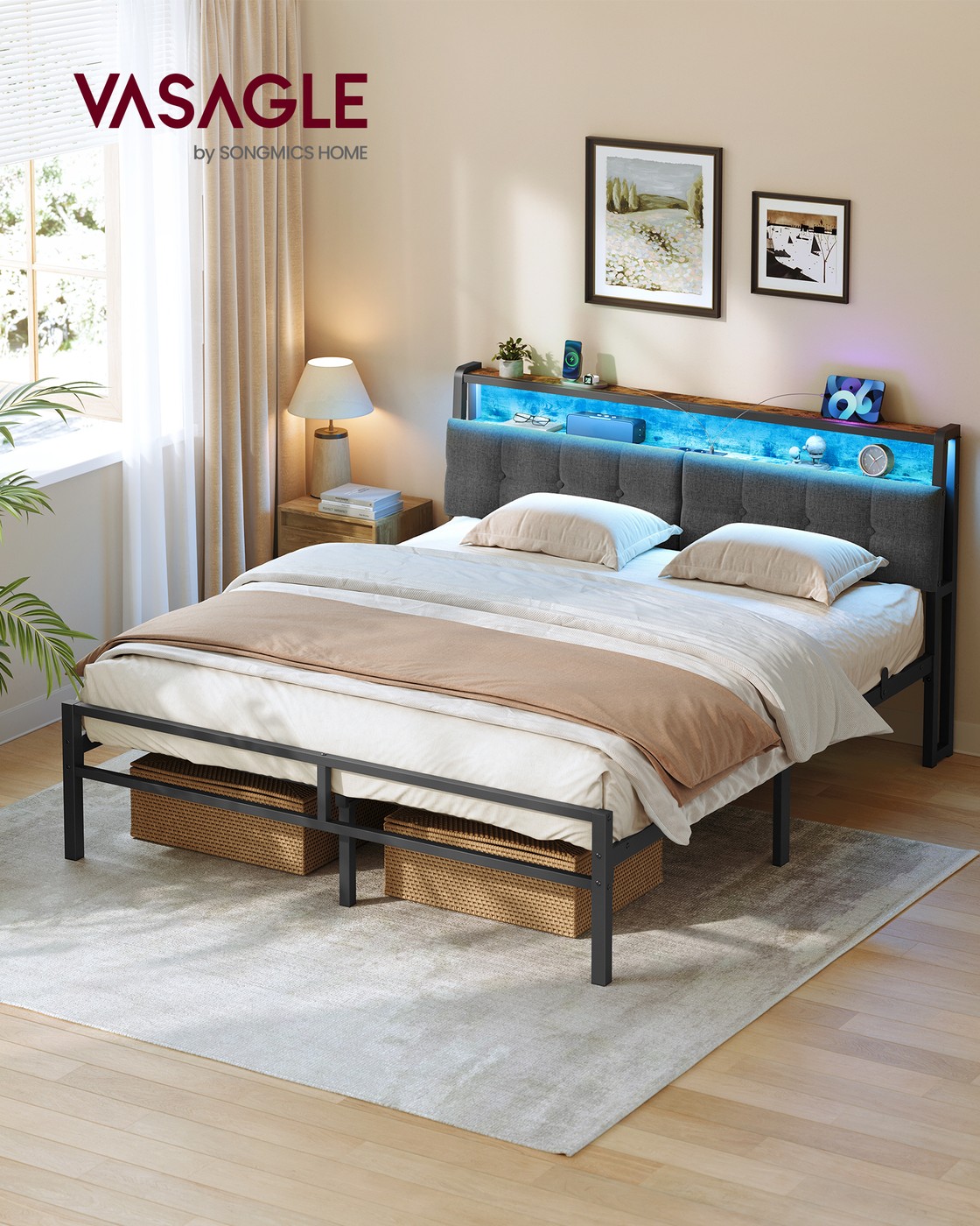 Metal bed 160 x 200 cm, bed frame with headboard, bed with storage and LED lighting