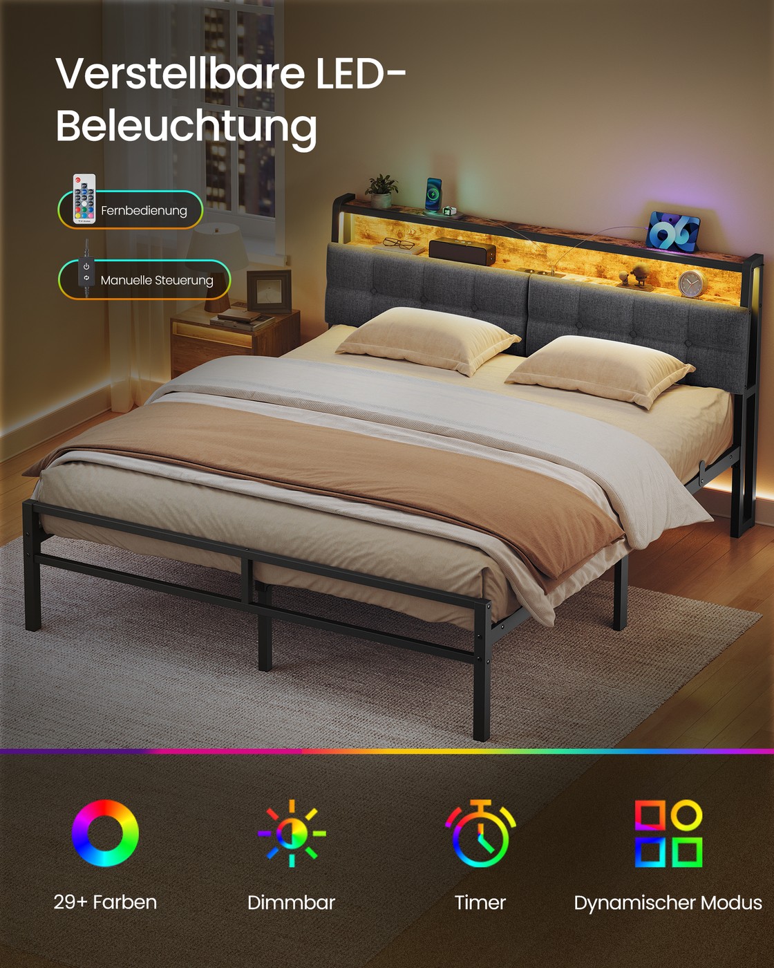 Metal bed 160 x 200 cm, bed frame with headboard, bed with storage and LED lighting
