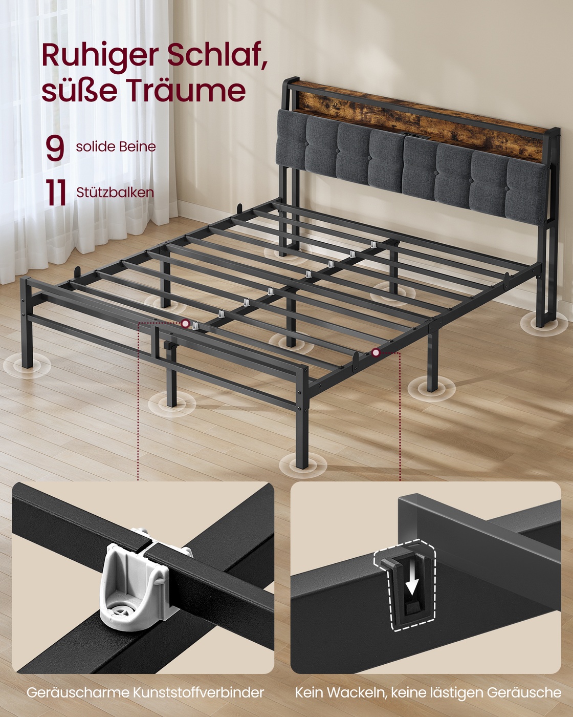 Metal bed 160 x 200 cm, bed frame with headboard, bed with storage and LED lighting