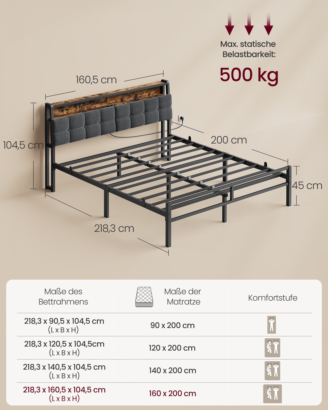 Metal bed 160 x 200 cm, bed frame with headboard, bed with storage and LED lighting