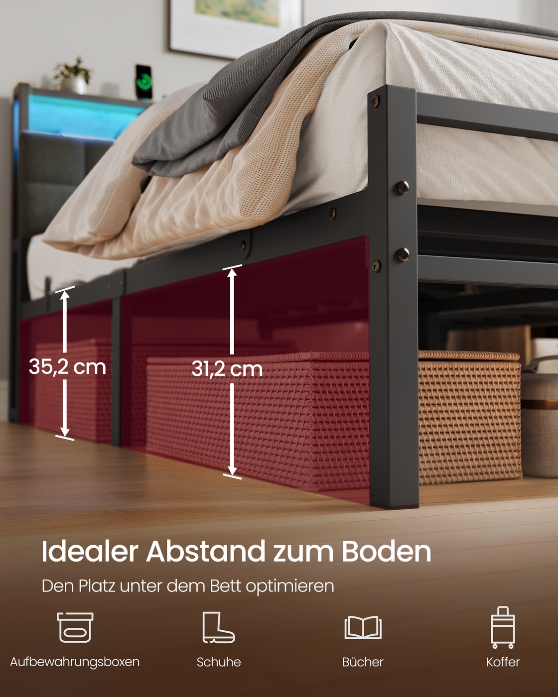 Metal bed 160 x 200 cm, bed frame with headboard, bed with storage and LED lighting