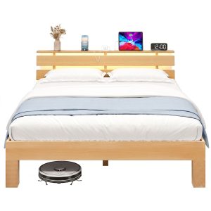 Beech bed frame 140 x 200 cm with LED headboard