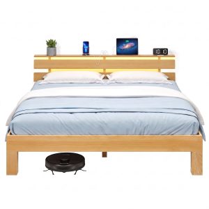 Beech bed frame 160 x 200 cm with LED headboard and USB