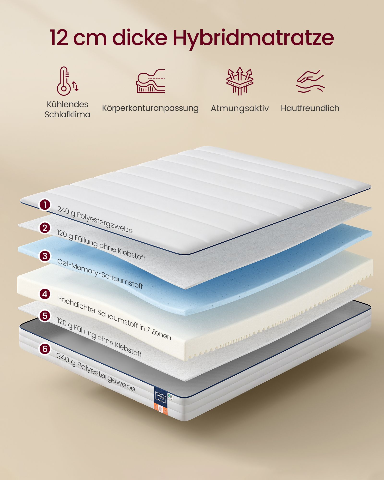 Mattress, 160 x 200 cm, double mattress made from gel memory foam