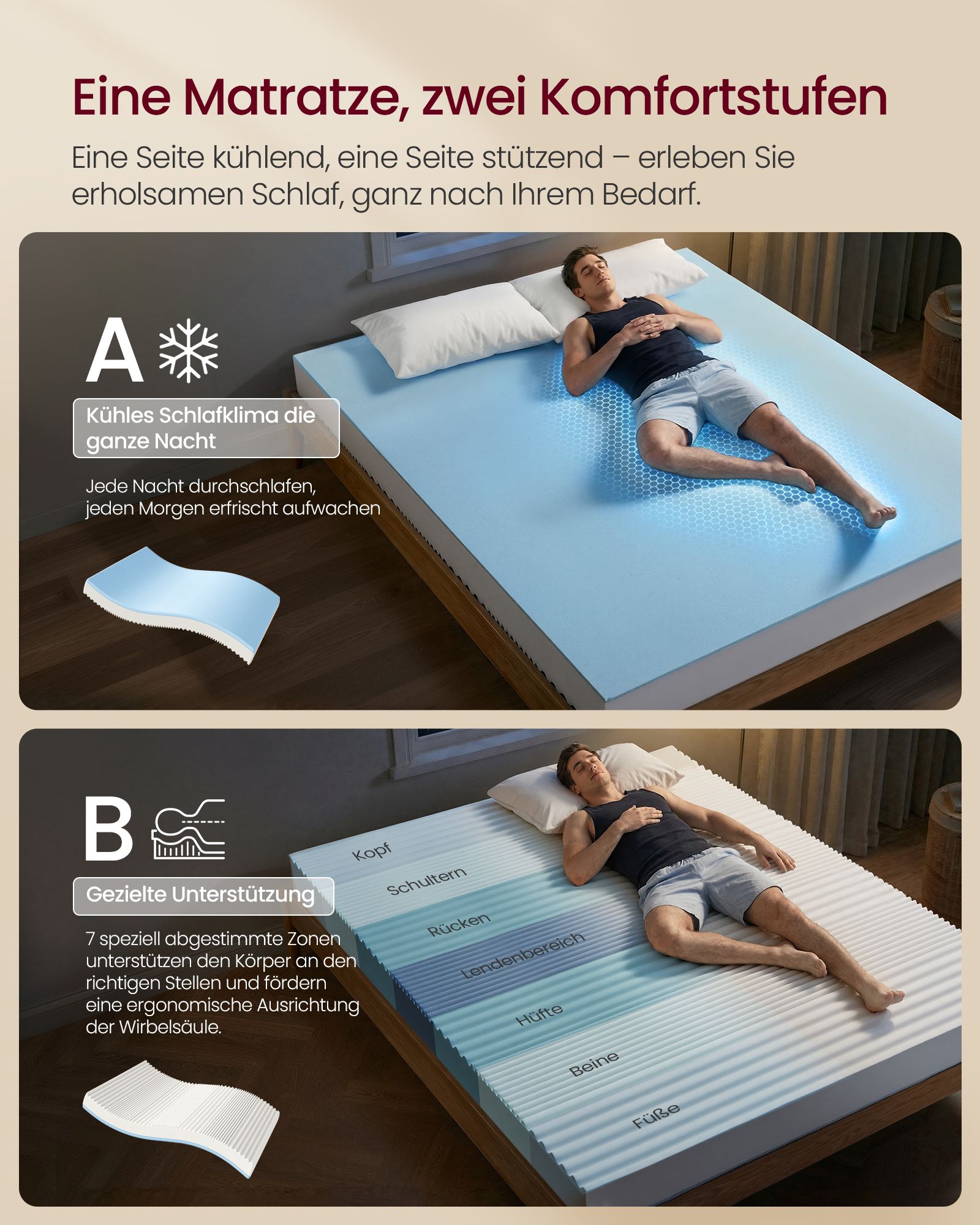 Mattress, 160 x 200 cm, double mattress made from gel memory foam
