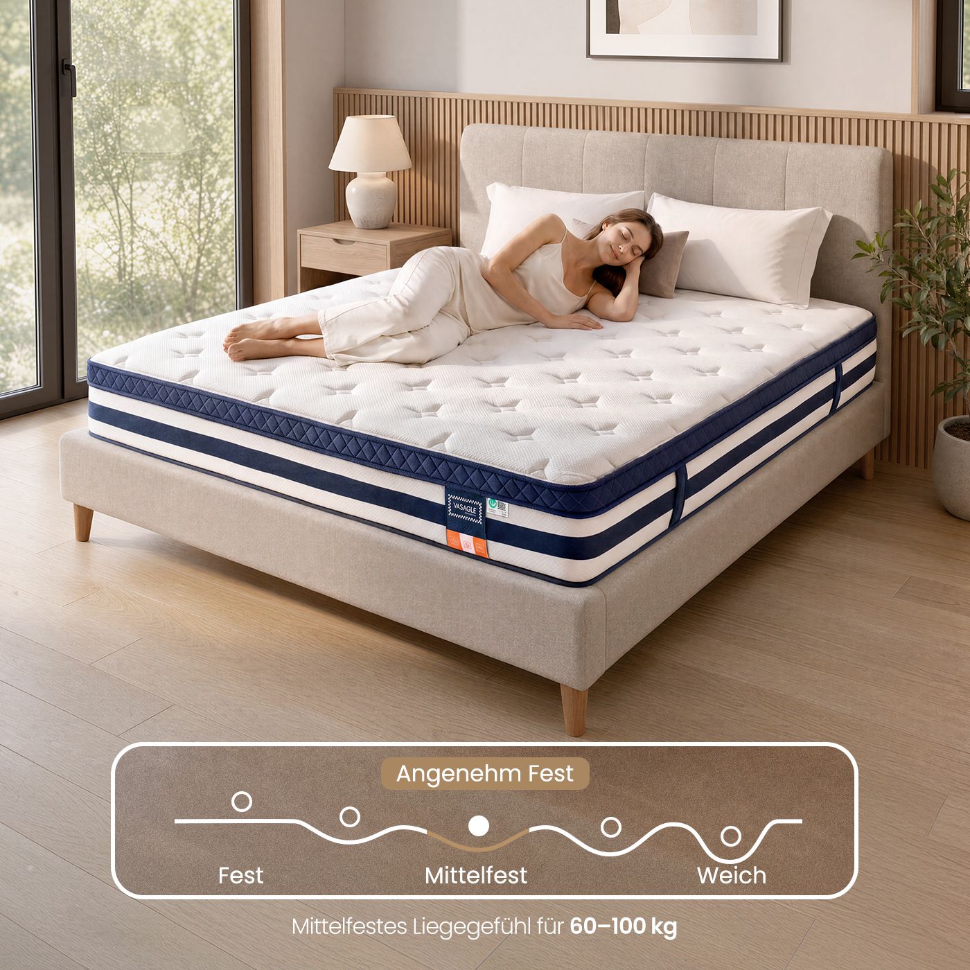 7-zone pocket spring mattress with gel memory foam, H3 medium firm, 140 x 200 x 25 cm, blue