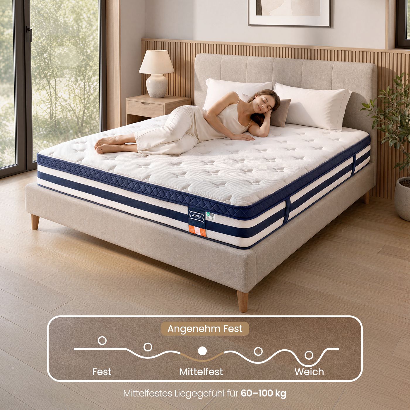 7-zone pocket spring mattress with gel memory foam, H3 medium firm, 160 x 200 x 25 cm, blue