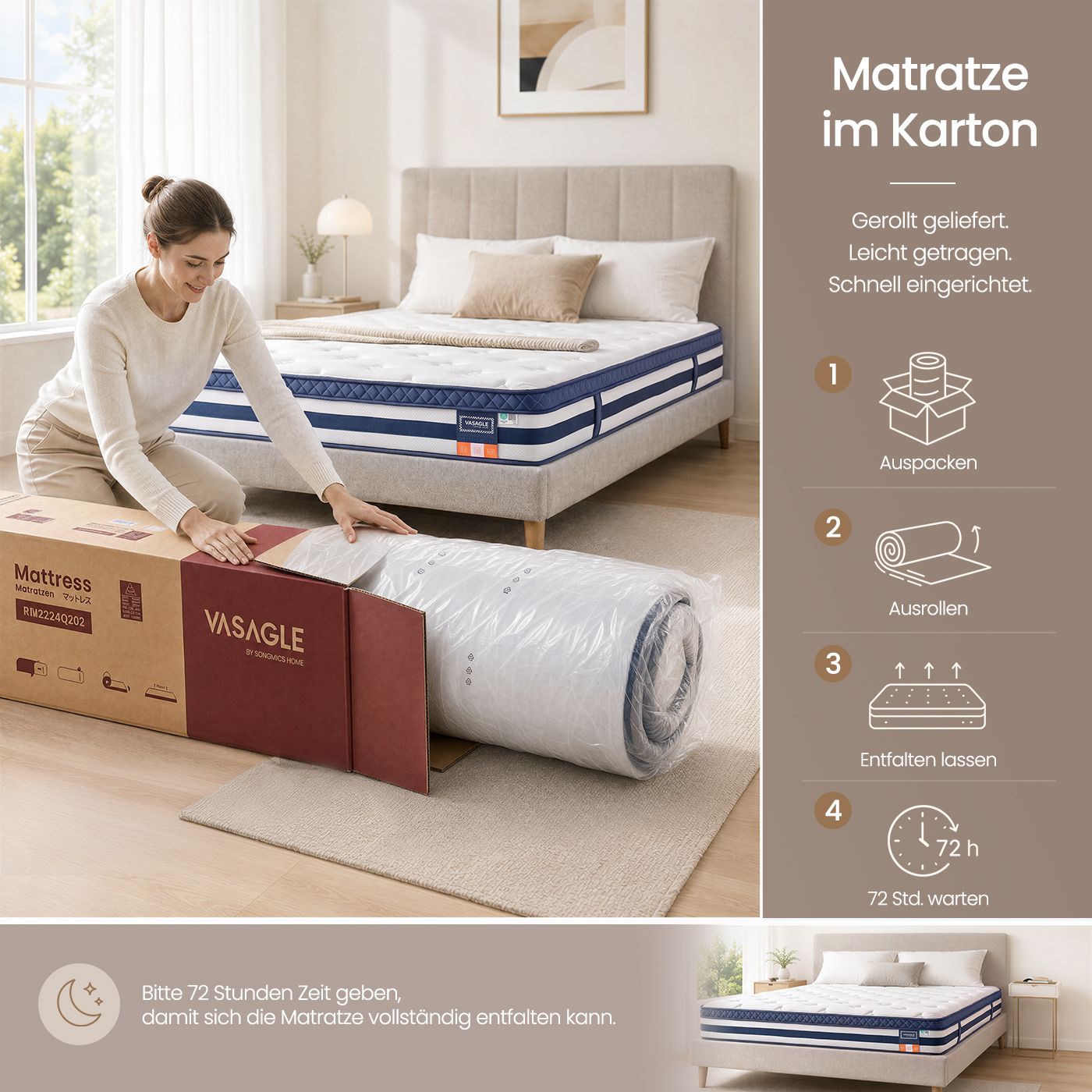 7-zone pocket spring mattress with gel memory foam, H3 medium firm, 160 x 200 x 25 cm, blue