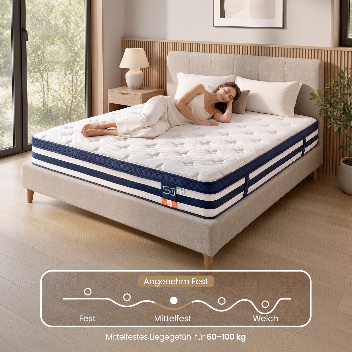 7-zone pocket spring mattress with gel memory foam, H3 medium firm, 180 x 200 x 25 cm, blue