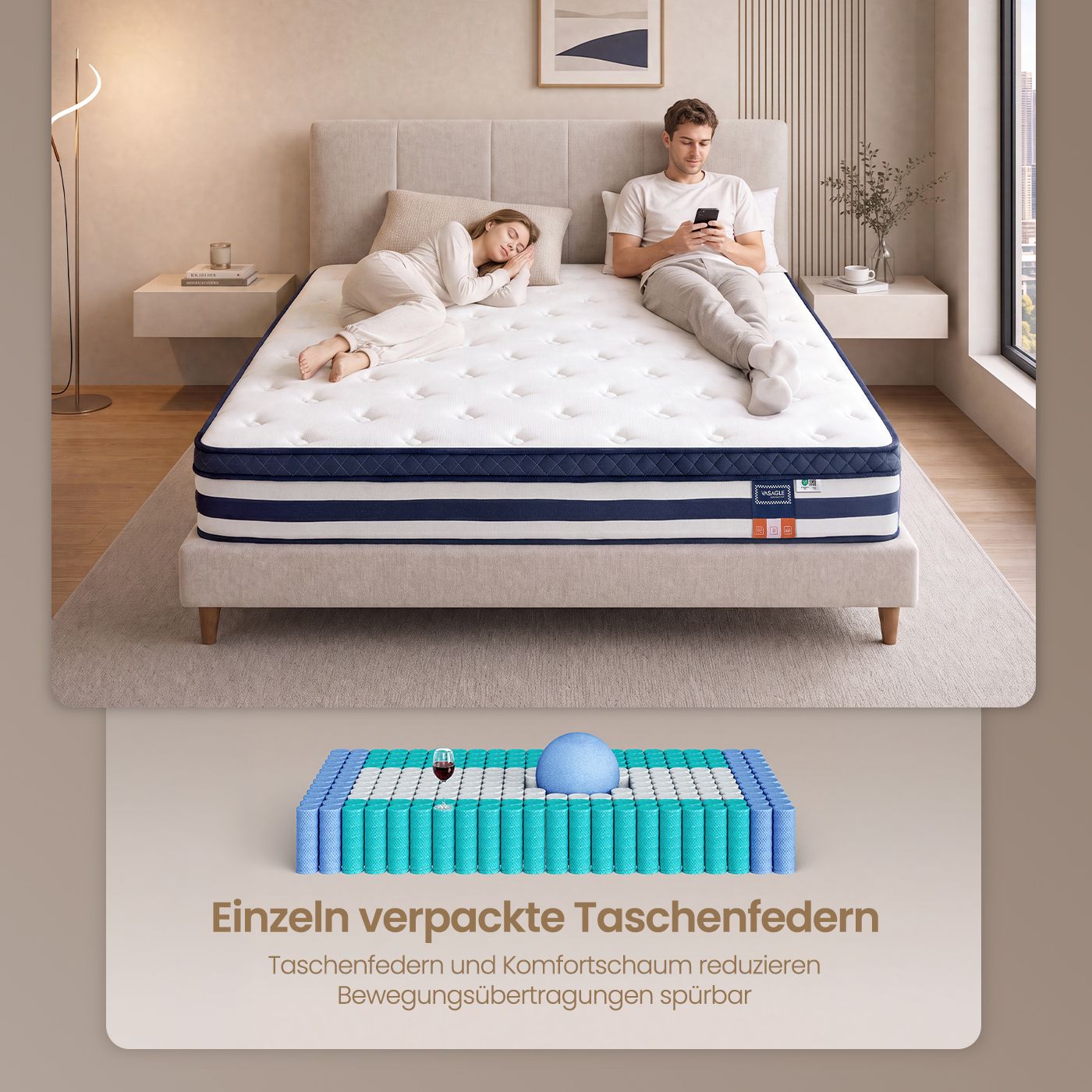 7-zone pocket spring mattress with gel memory foam, H3 medium firm, 180 x 200 x 25 cm, blue