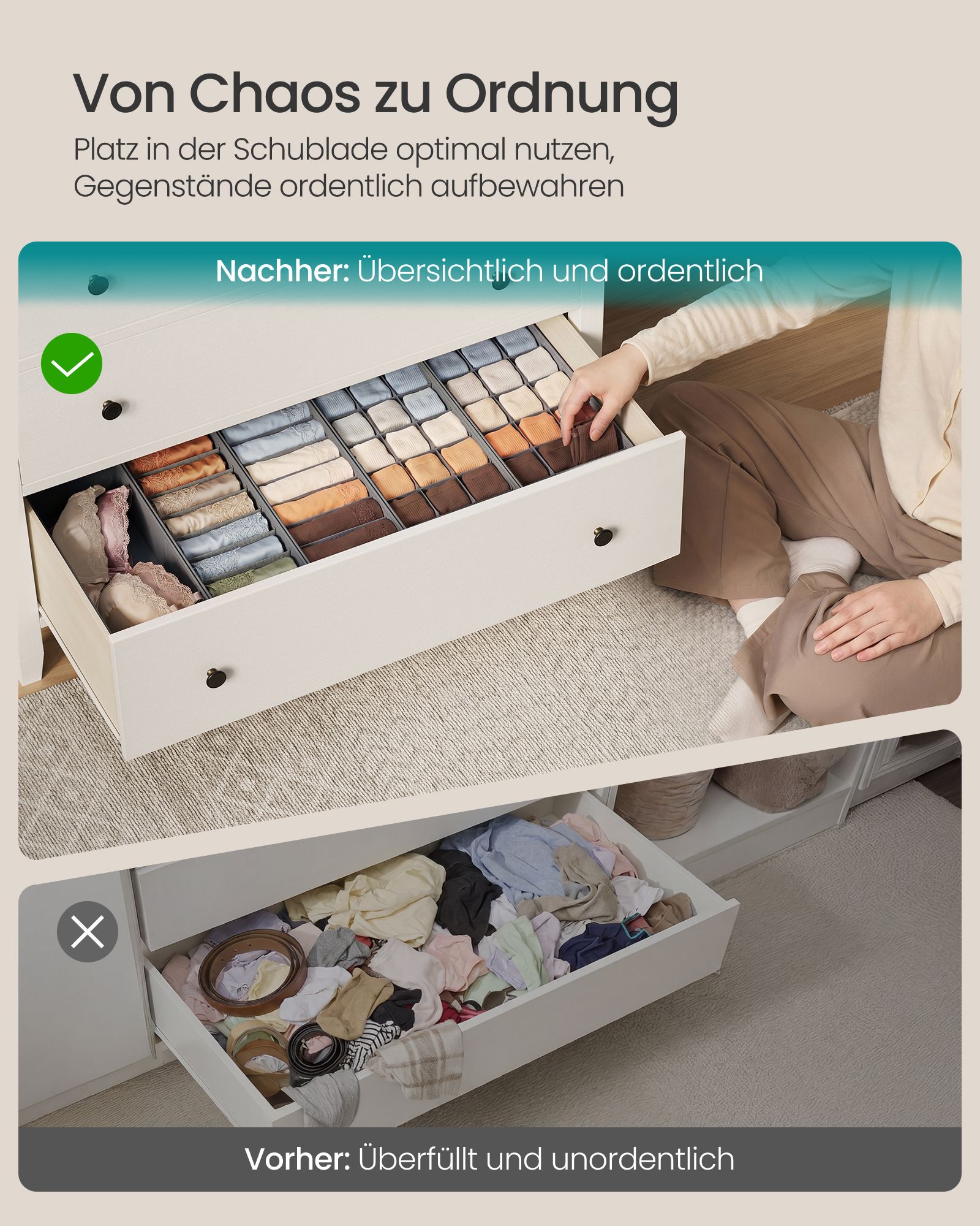 Foldable drawer organisers, set of 5 storage boxes