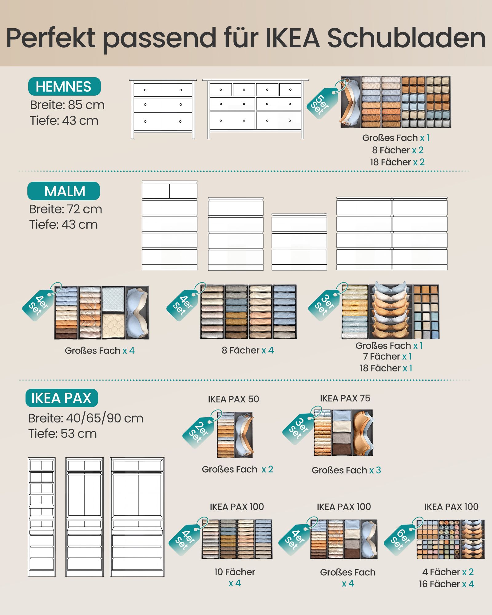 Foldable drawer organisers, set of 5 storage boxes