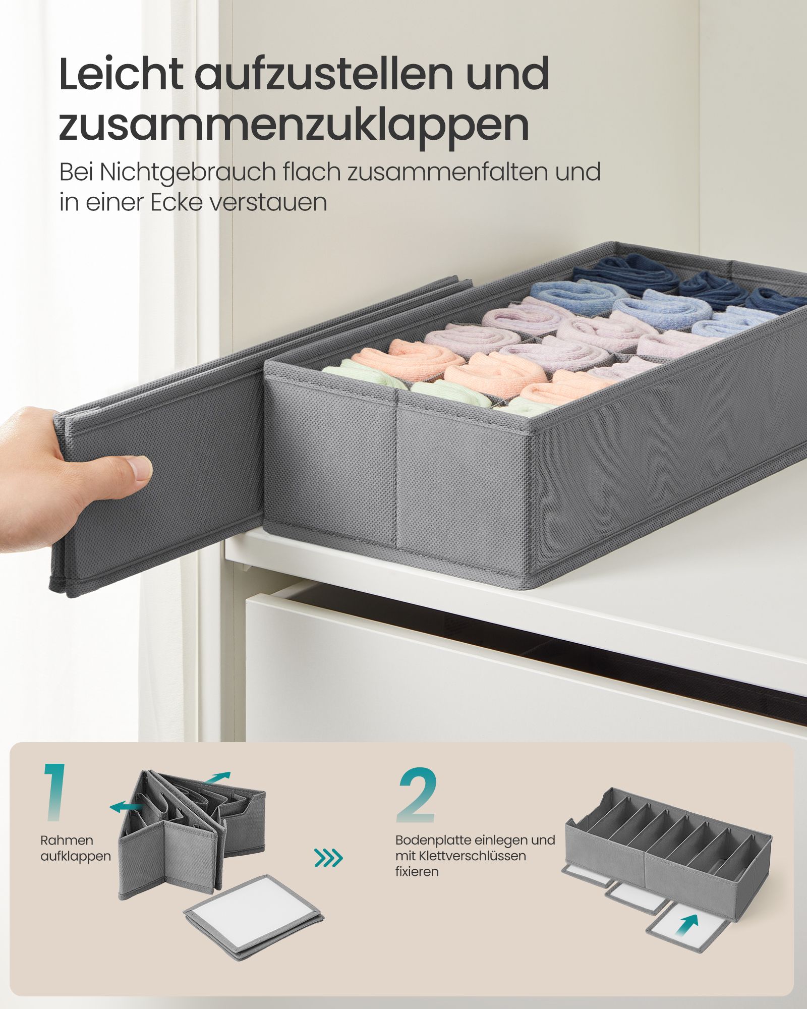 Foldable drawer organisers, set of 5 storage boxes